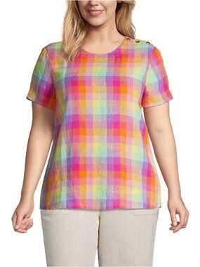 Lands' End Linen Rainbow Plaid Short Sleeve Blouse Size 1X